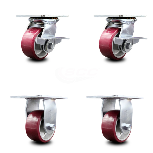 Service Caster 4 Inch Poly on Aluminum Caster Set with Ball Bearing 2 Brakes and 2 Rigid SCC SCC-35S420-PAB-SLB-2-R-2